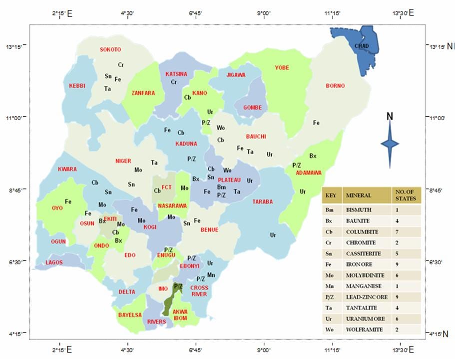 Mapa de nigeria, mostrando los recursos minerales