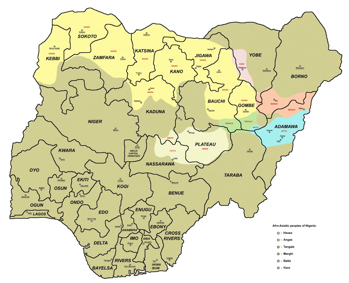 mapa de nigeria mostrando los 36 estados y sus capitales