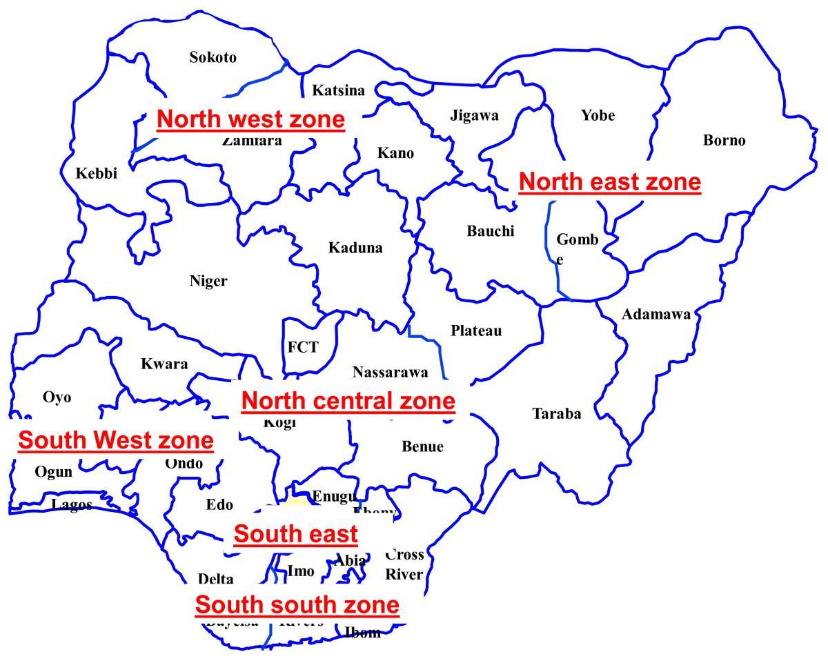 mapa de nigeria mostrando seis zonas geopolíticas