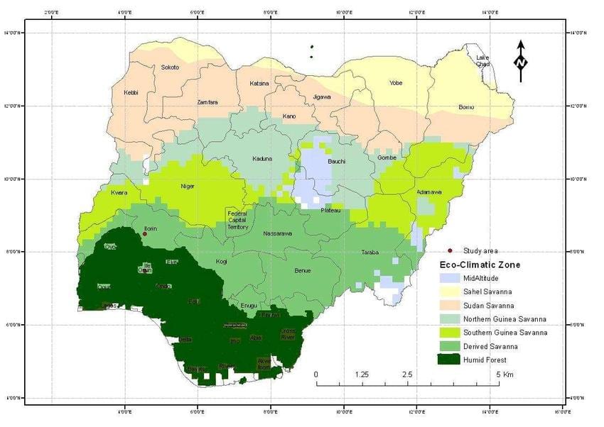 Mapa de nigeria mostrando climáticas de la zona