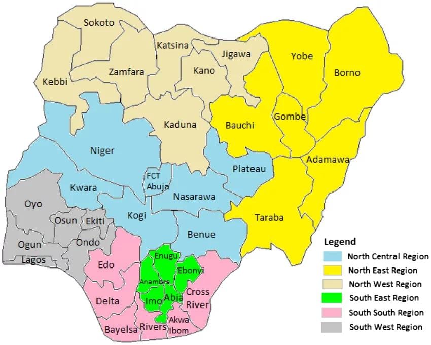 Mapa de nigeria mostrando las zonas geopolíticas