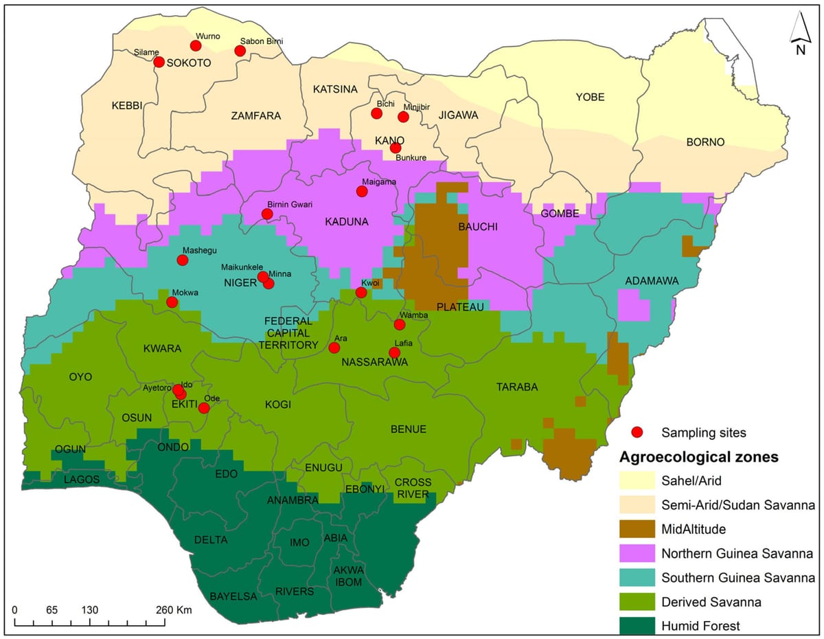 mapa de nigeria que muestra la distribución de los cultivos
