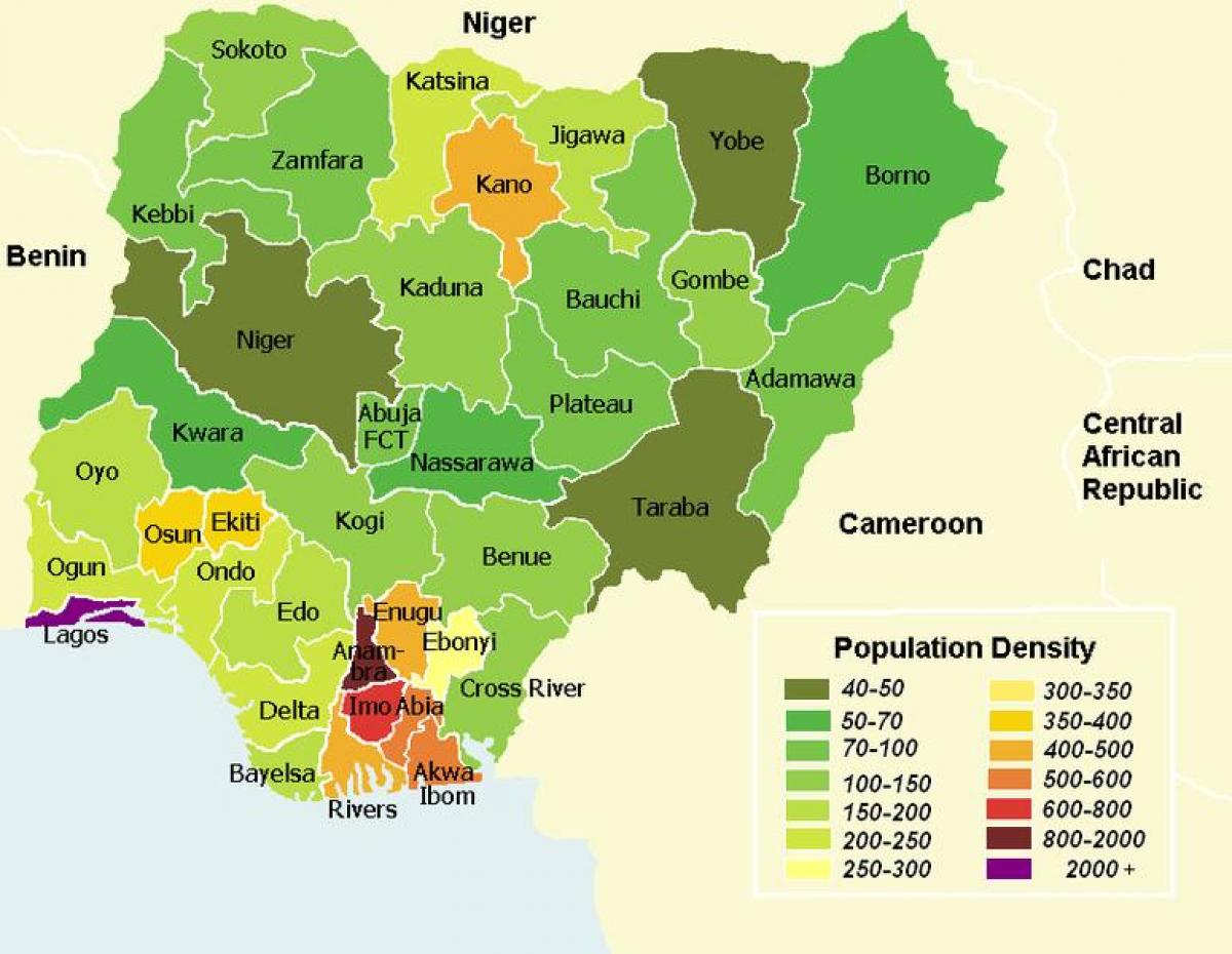 Mapa de nigeria que muestra la distribución de la población