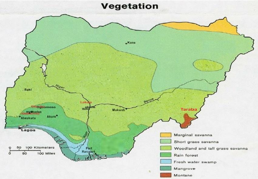 mapa de nigeria que muestra la vegetación