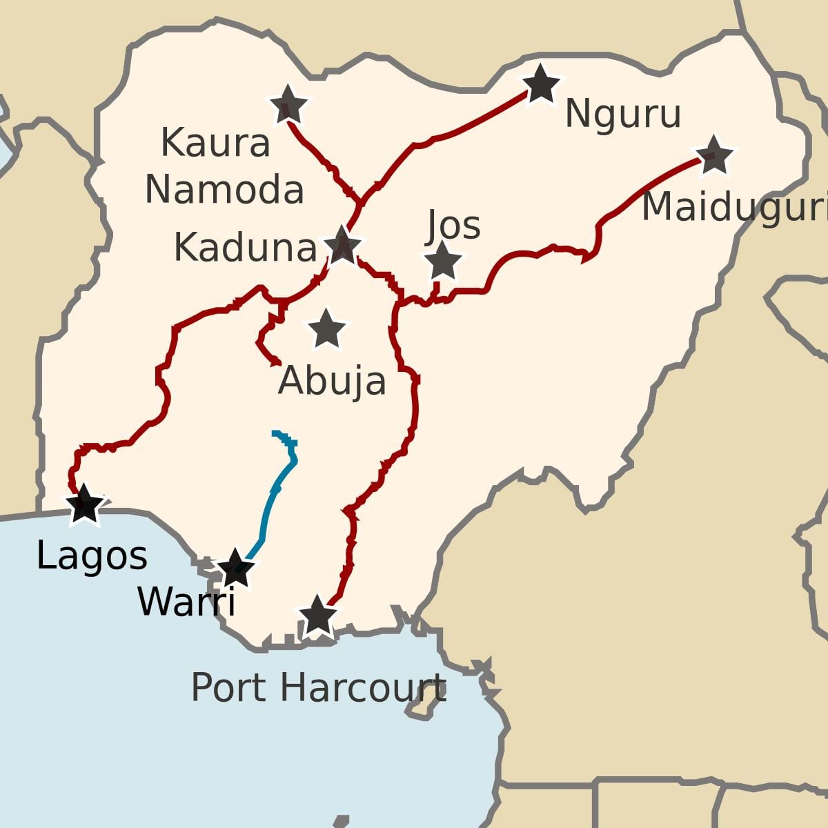 mapa de nigeria mostrando las líneas de ferrocarril