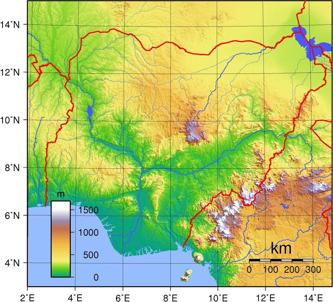 El mapa topográfico de nigeria