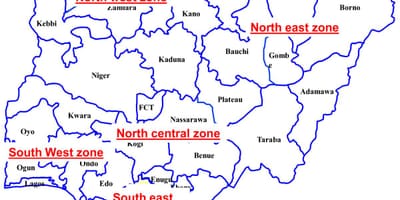 Mapa de nigeria mostrando seis zonas geopolíticas
