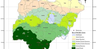 Mapa de nigeria mostrando climáticas de la zona