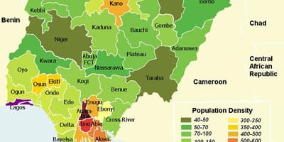 Mapa de nigeria que muestra la distribución de la población