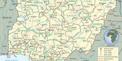 Mapa de nigeria que muestran los estados y capitales